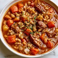 Hearty Beef Barley Soup with Roasted Vegetables