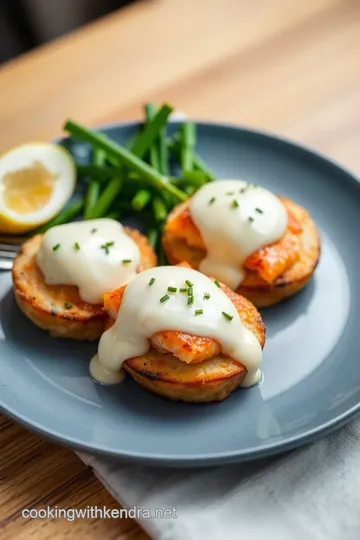 Poached Salmon Benedict with Chive Sauce presentation