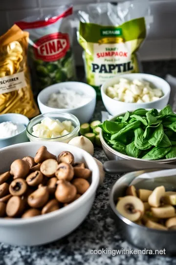 Savory Mushroom and Spinach Conchigliette Bake ingredients