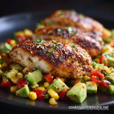 Cajun Chicken with Avocado Corn Salsa: Healthy, Easy 15 Minute Dinner Recipe Card