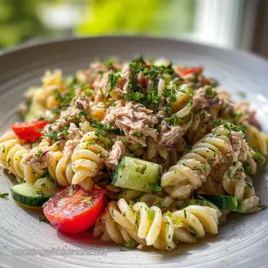 Healthy Tuna Pasta Salad for 4 Servings Recipe Card