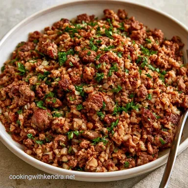 Low Carb Beef Cauliflower Rice One-Pan Recipe Card