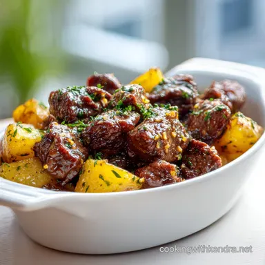 Slow Cooker Garlic Butter Steak Bites with Potatoes for 6 Servings Recipe Card