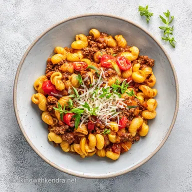 Easy Slow Cooker Taco Pasta with Ground Beef for 6 Servings Recipe Card