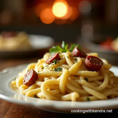 Savory Smoked Sausage Cajun Alfredo Recipe Spicy Creamy Pasta Recipe Card