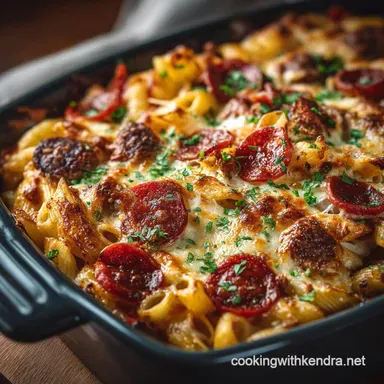 Proper Comfort The Ultimate Sausage and Pepperoni Pizza Pasta Bake Recipe Card
