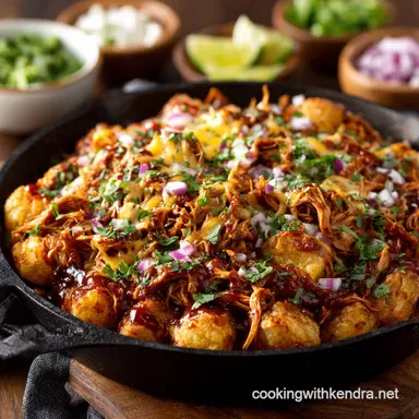Super Bowl Foods: Easy Ultimate BBQ Pulled Chicken Totchos Recipe Card
