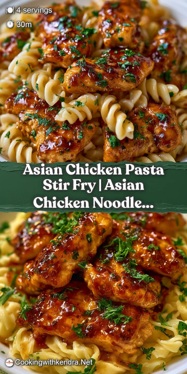 Close-up of glistening noodles and seared chicken breast chunks coated in a rich, savory glaze with orange carrots.