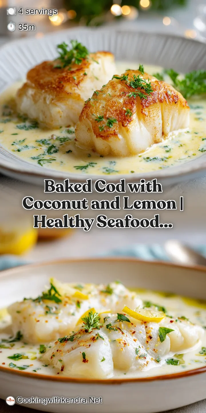 Close-up of tender, flaky white fish drenched in a rich, velvety coconut cream sauce with a bright lemon wedge.
