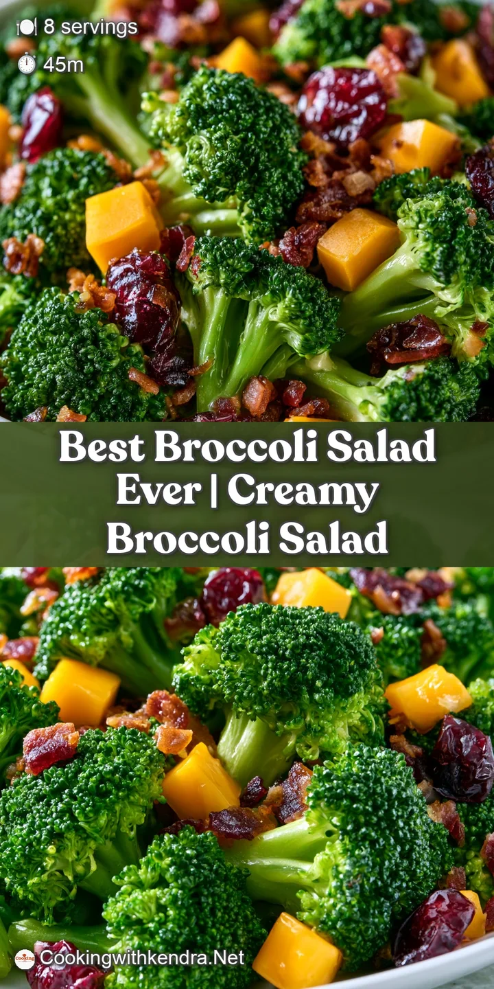 Extreme close-up of creamy dressing coating crisp broccoli florets with salty bacon crumbles and sweet red berries.