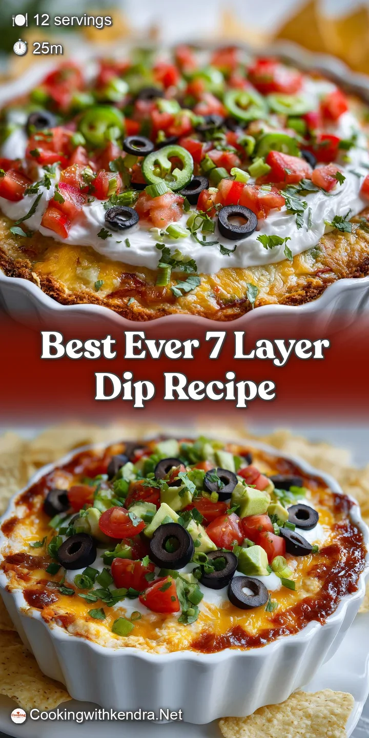 Close-up of seven-layer dip with visible textures: creamy guacamole, sour cream, refried beans, cheese, and toppings of ol...