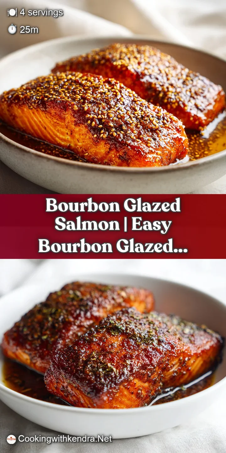 Close-up of a flaky, golden-brown salmon fillet, its surface coated in a dark, glossy bourbon glaze, with subtle char marks.