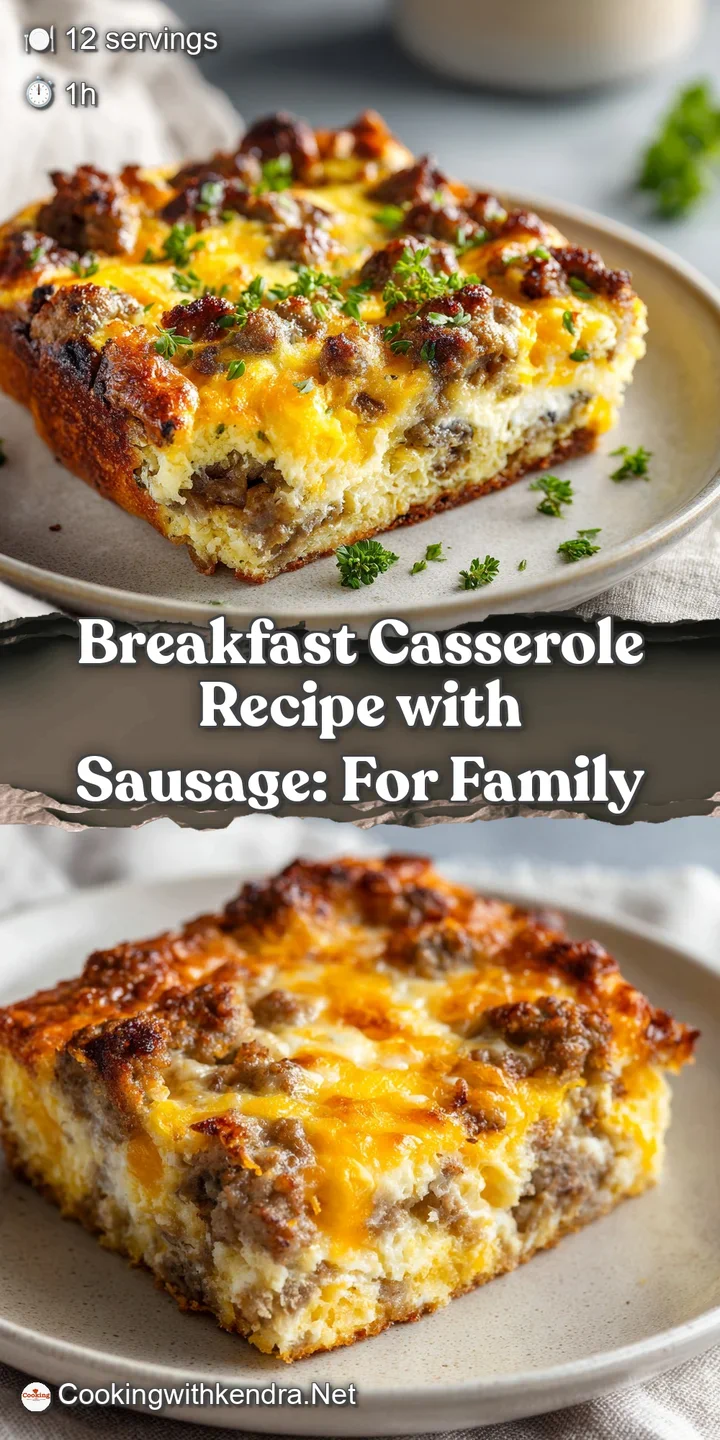 Close-up of a breakfast casserole: glistening sausage, soft egg, and melted cheese create a warm, comforting image. Steam ...