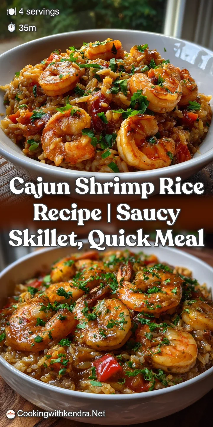Close-up of the sizzling Cajun shrimp and rice, glistening with a rich sauce. The plump shrimp and rice look incredibly ap...