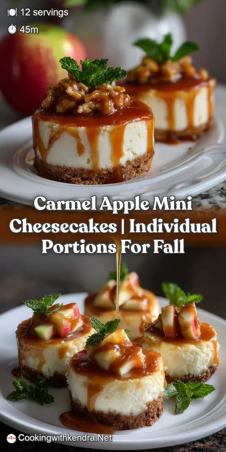 Close-up of a caramel apple mini cheesecake, showing a swirl of caramel, tart apple pieces, and a creamy cheesecake fillin...