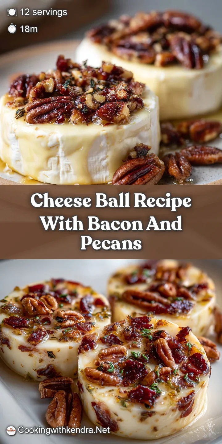 Close-up of a cheese ball with visible bacon bits and pecan pieces, highlighting the creamy, savory texture and inviting a...