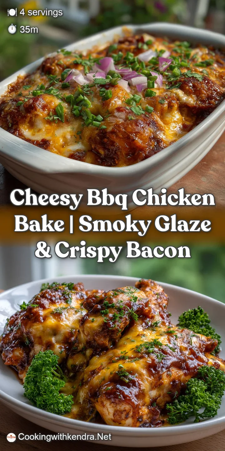 Close-up of tender chicken pieces coated in a glossy, smoky BBQ glaze. The cheese is melted and bubbling, with crispy baco...