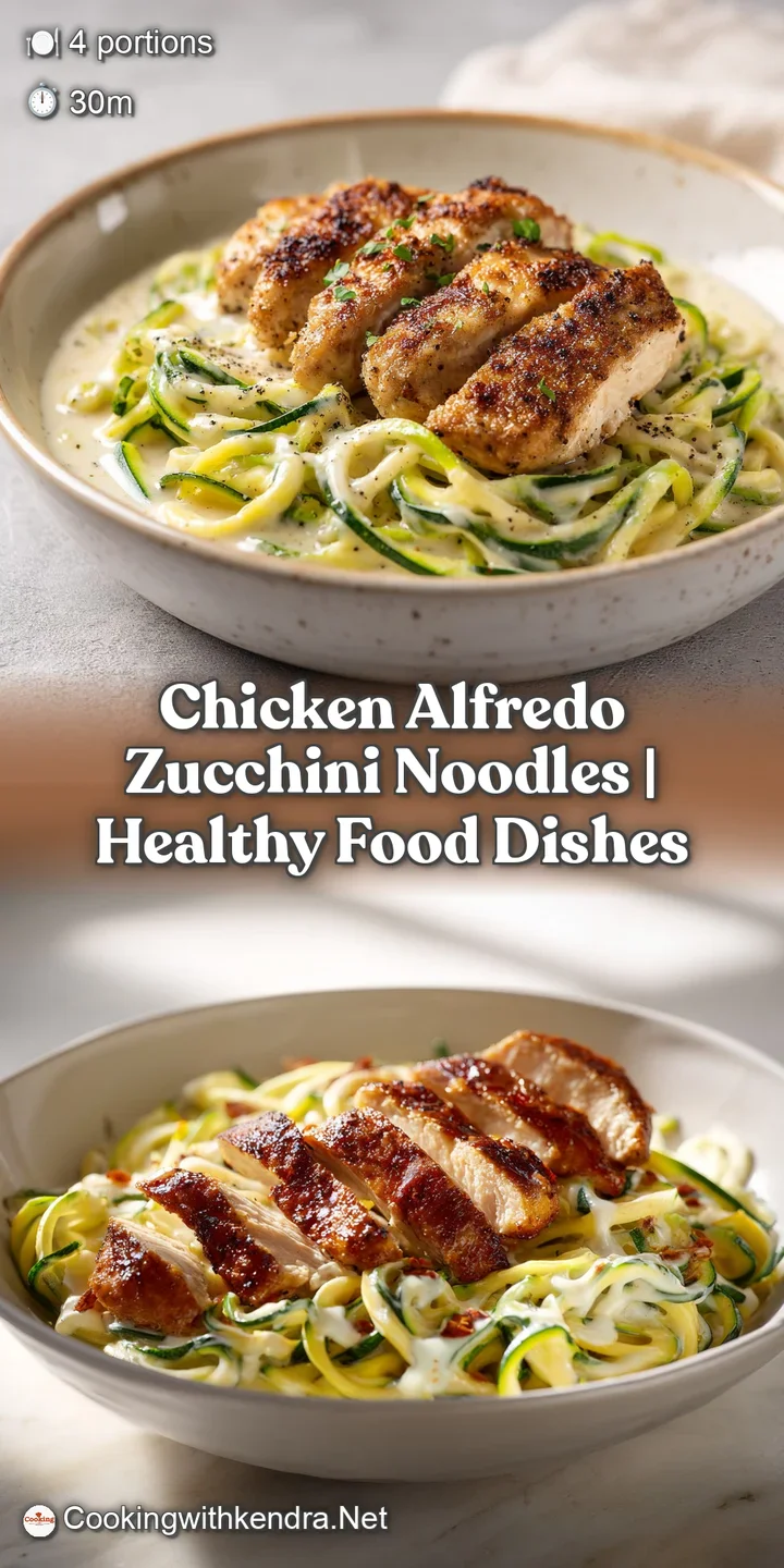 Close-up of tender golden chicken breast nestled in rich, creamy white sauce and vibrant green vegetable ribbons.