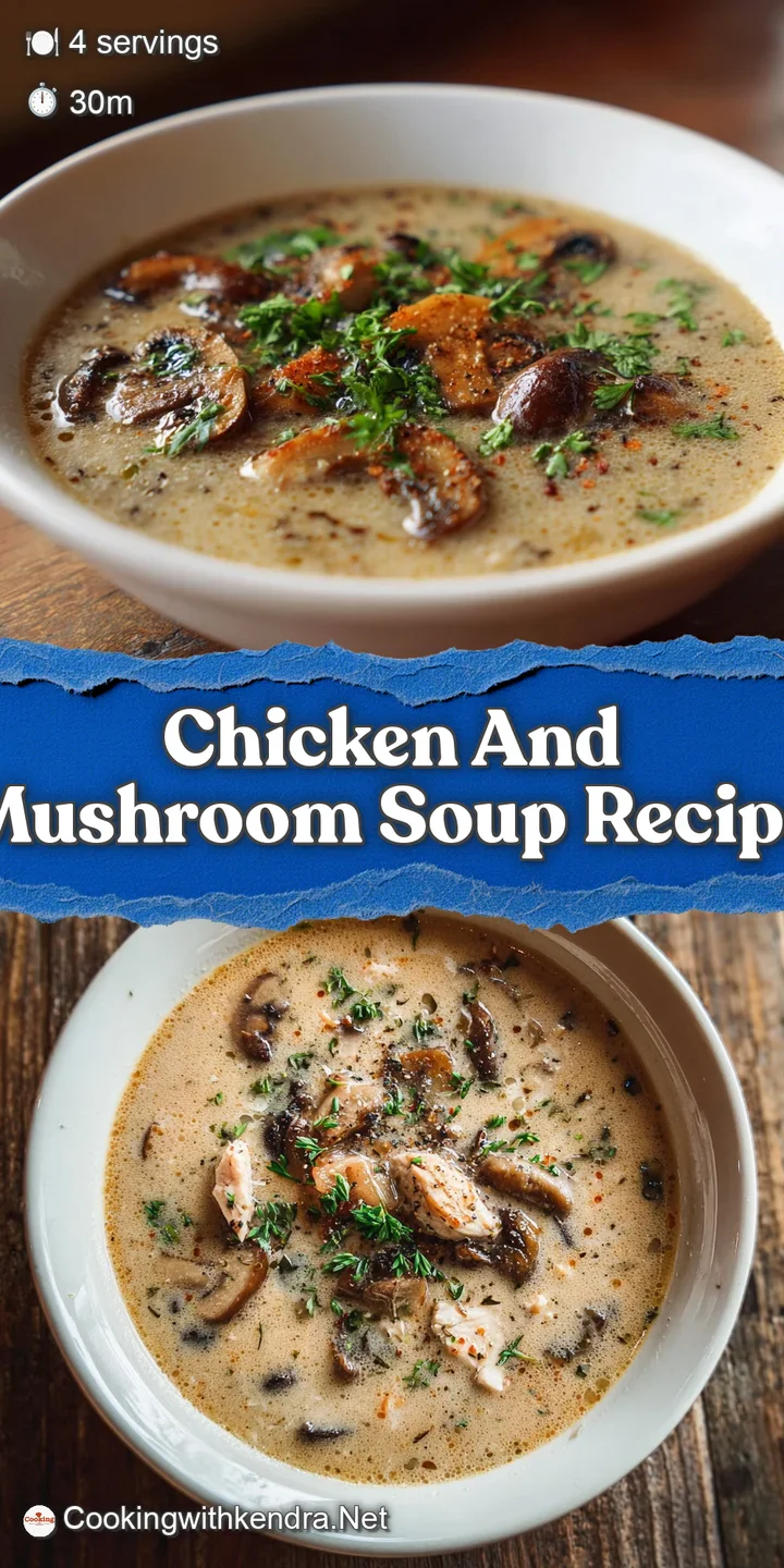 Close-up of glistening, tender mushroom slices floating in a creamy, golden chicken soup, topped with fresh herbs.