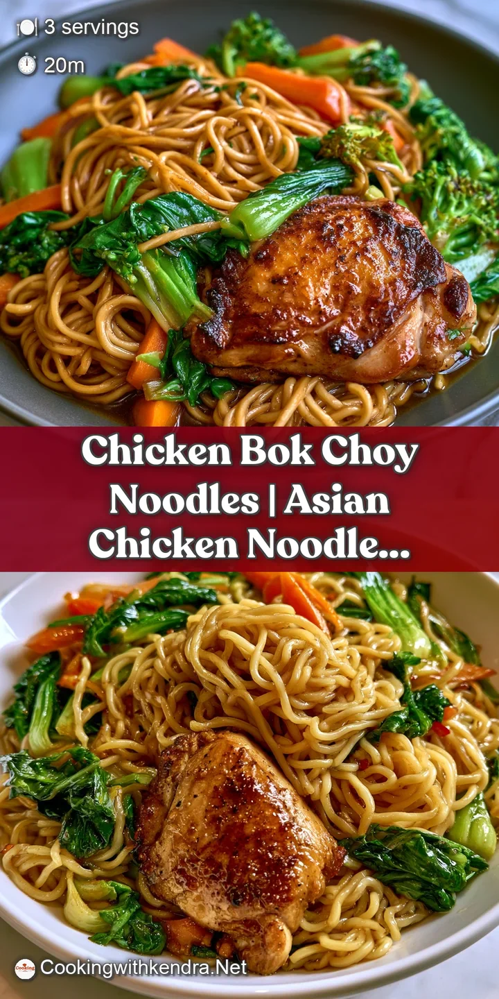 Close-up of glistening noodles and juicy chicken chunks coated in a rich amber sauce with crisp bok choy leaves.