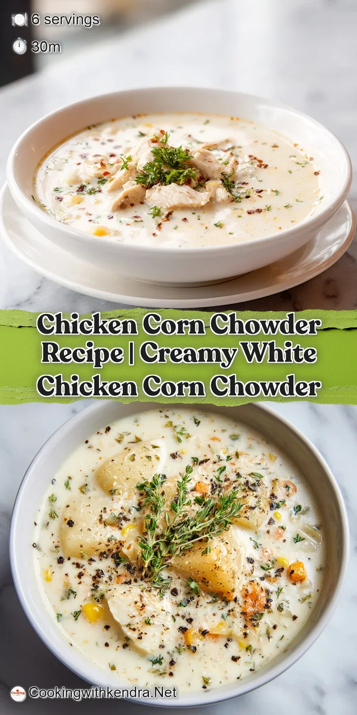 Close-up of a spoon lifting creamy chicken corn chowder, revealing tender chicken, juicy corn, and a rich, flavorful broth...