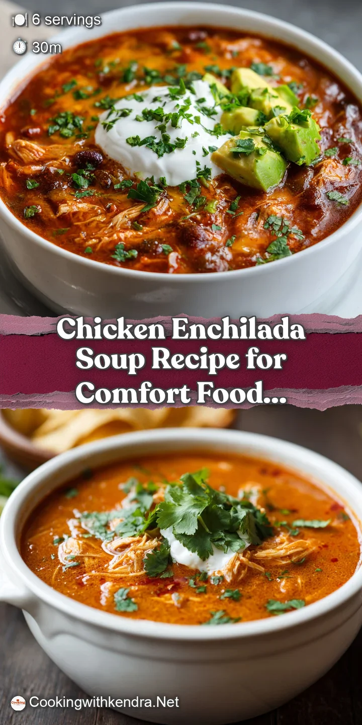 Close-up reveals the creamy texture and colorful ingredients of chicken enchilada soup. A hearty, inviting, and flavorful ...