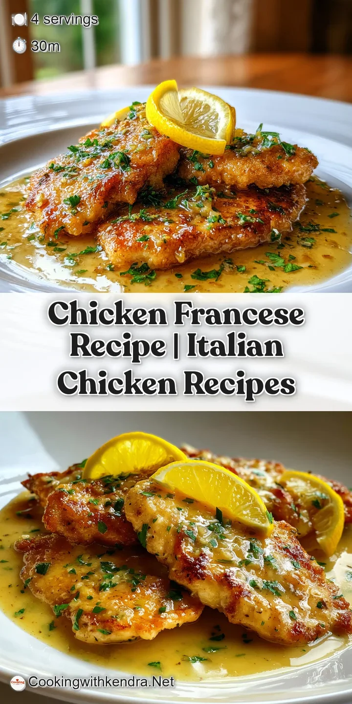 Close-up view of a glistening Chicken Francese cutlet, showcasing the rich, golden-brown crust and the vibrant, creamy lem...