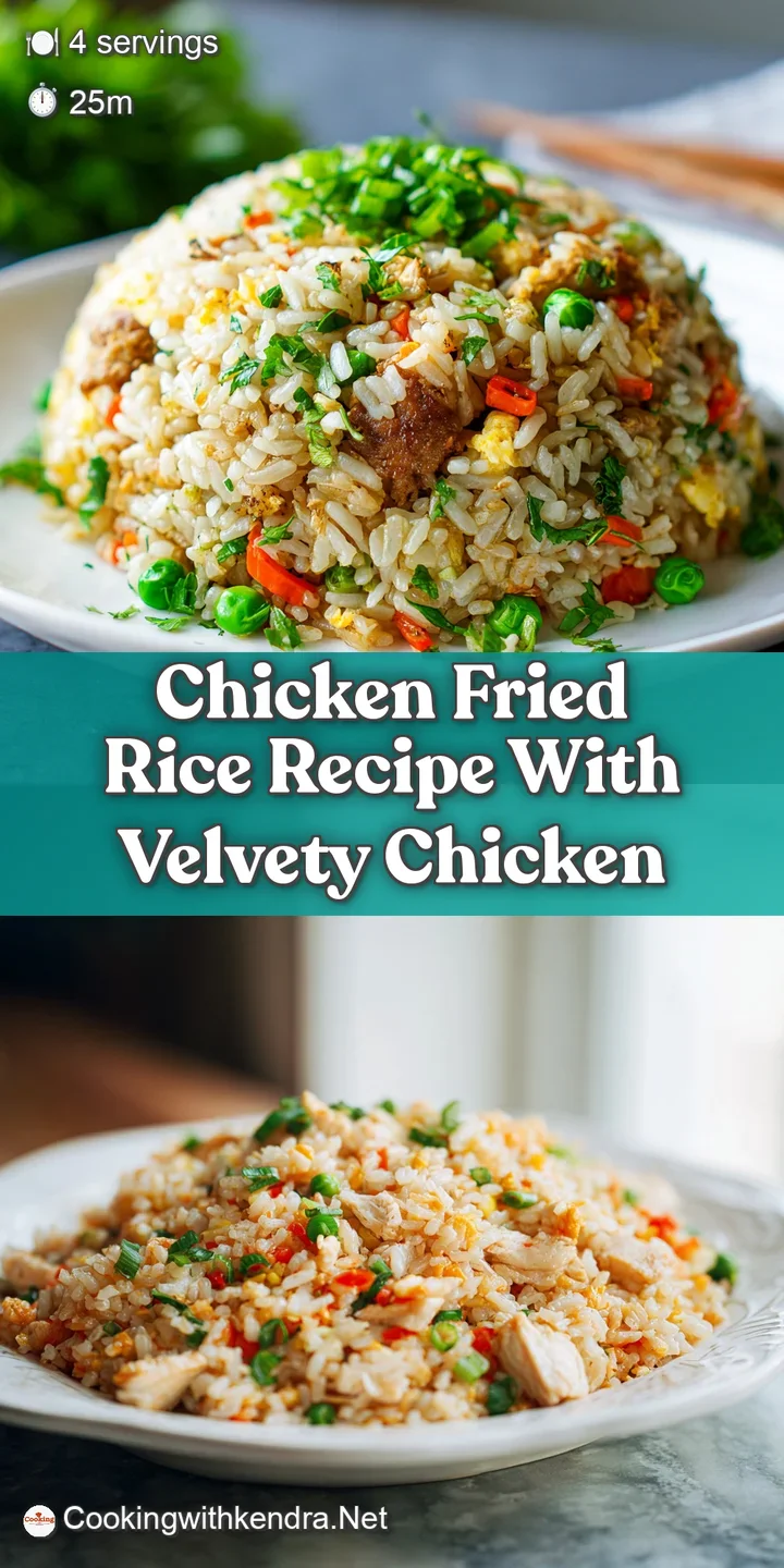 Close-up of glistening chicken fried rice. Tender chicken pieces and colorful vegetables peek through the fluffy grains. M...