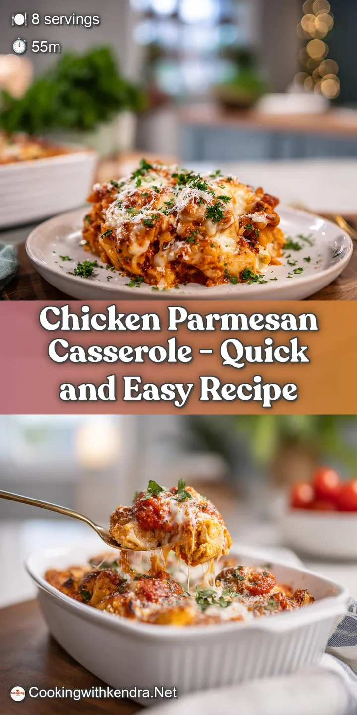 Up-close view of chicken parmesan casserole, showcasing browned, crispy breadcrumbs and bubbling, melted mozzarella cheese.