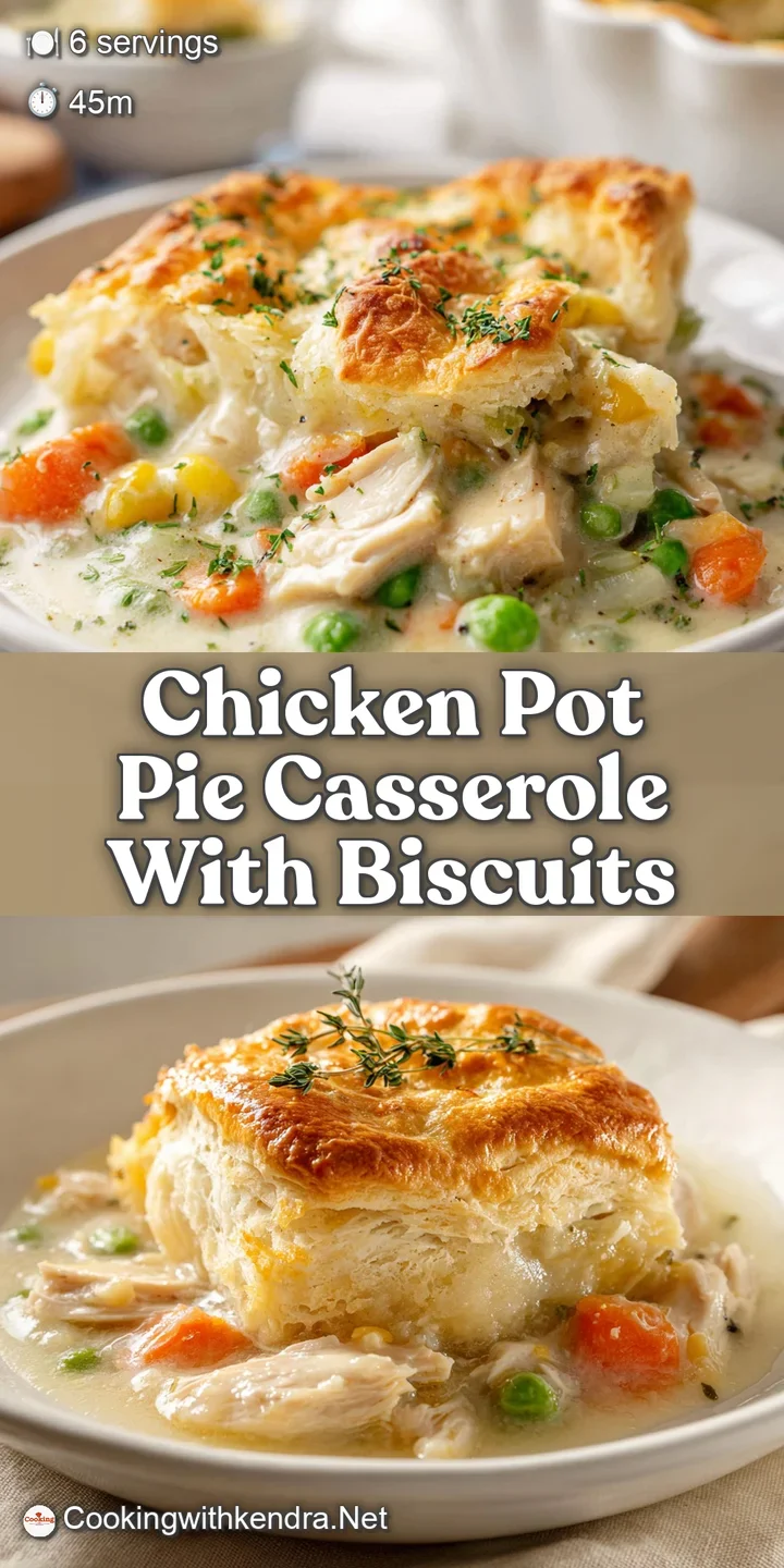 Buttery, golden biscuits, soft and slightly browned, are nestled above a creamy chicken filling in a rustic casserole dish...