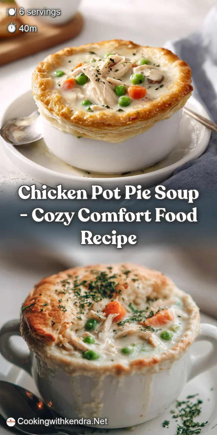 Close-up of creamy chicken pot pie soup with chunks of chicken, colorful vegetables, and golden, flaky crust for a comfort...