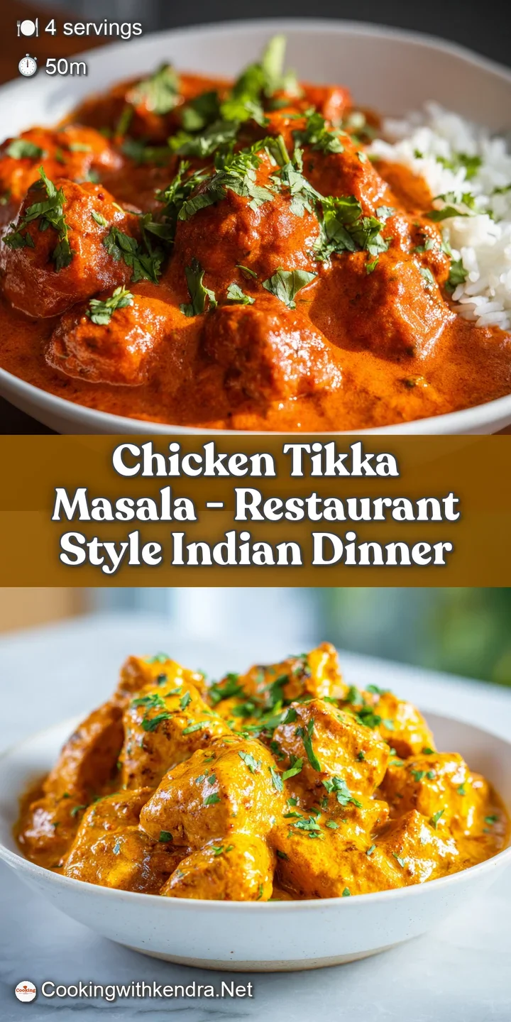 Close-up of creamy Chicken Tikka Masala. Notice the tender chicken and glistening sauce. Warming spices create inviting look.