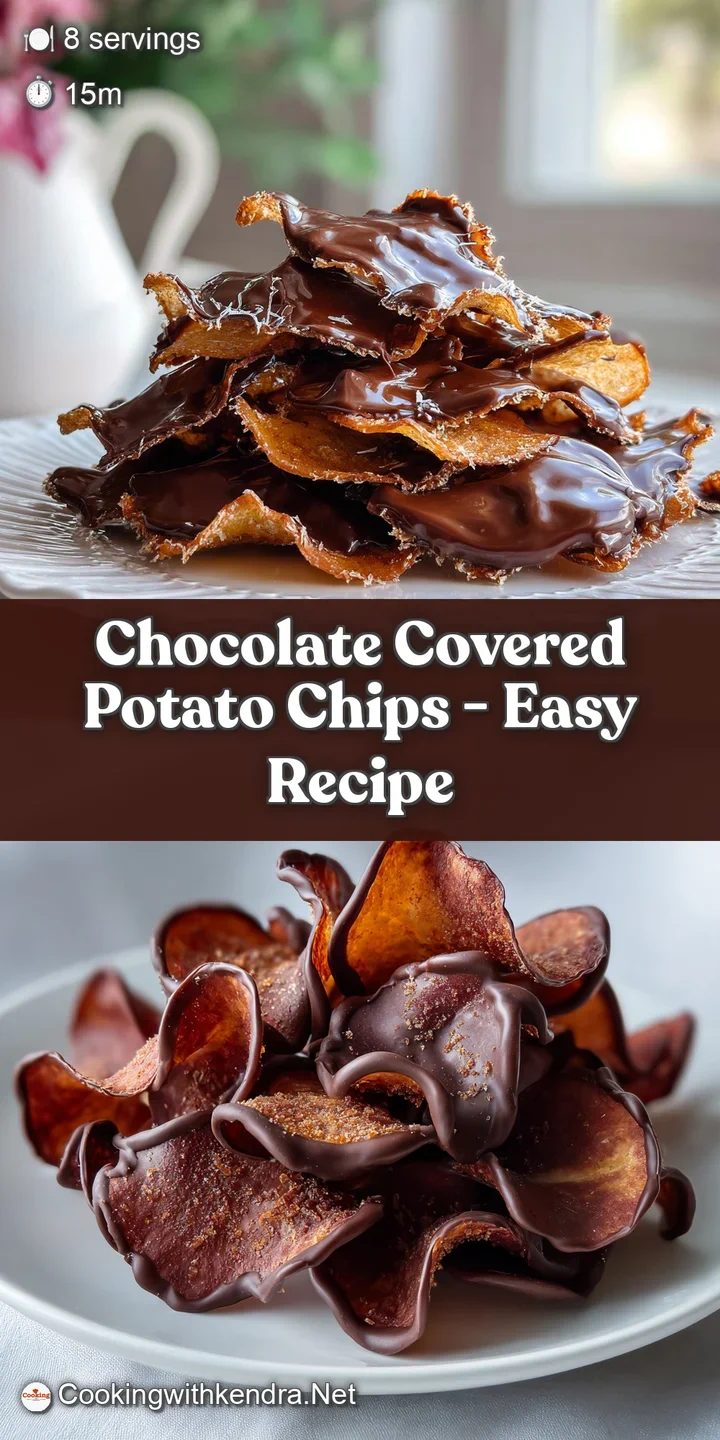 Close-up of a rippled potato chip enrobed in rich, dark chocolate. Coarse sea salt crystals glisten on the chocolate's sur...