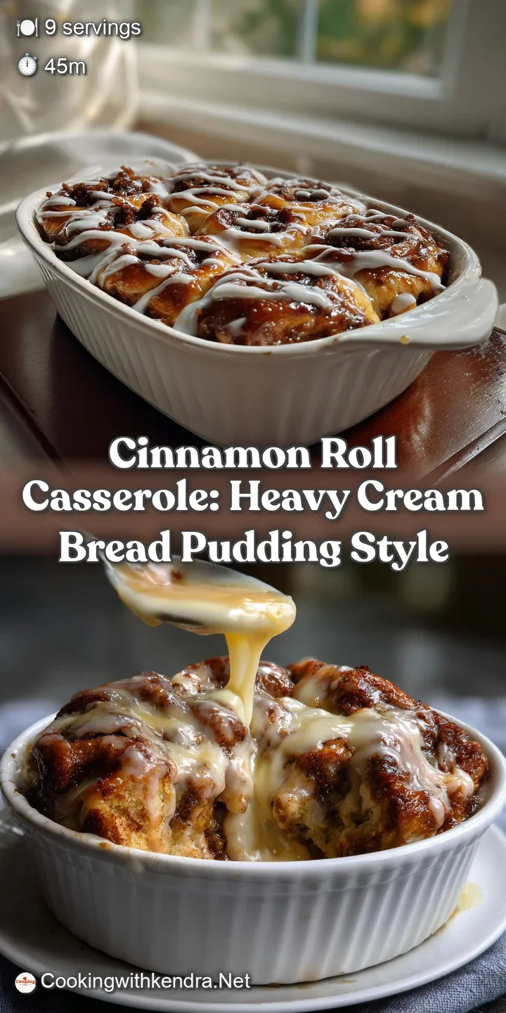 Close-up of a warm, bubbling cinnamon roll casserole. The creamy custard filling oozes enticingly, contrasting with the cr...