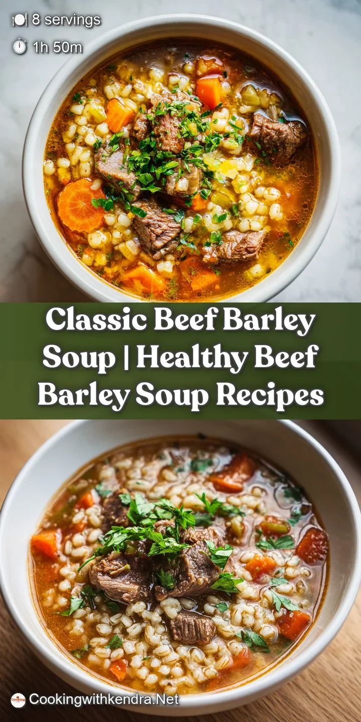 Close-up of tender beef and soft pearl barley swimming in a flavorful, dark broth, radiating warmth.