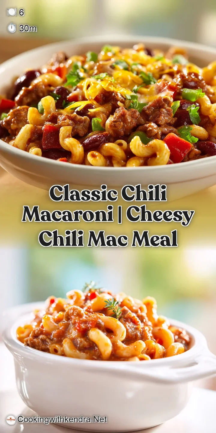 Close-up of chili mac, showcasing rich texture, glossy cheese, and flavorful ground beef in a thick, simmering sauce.