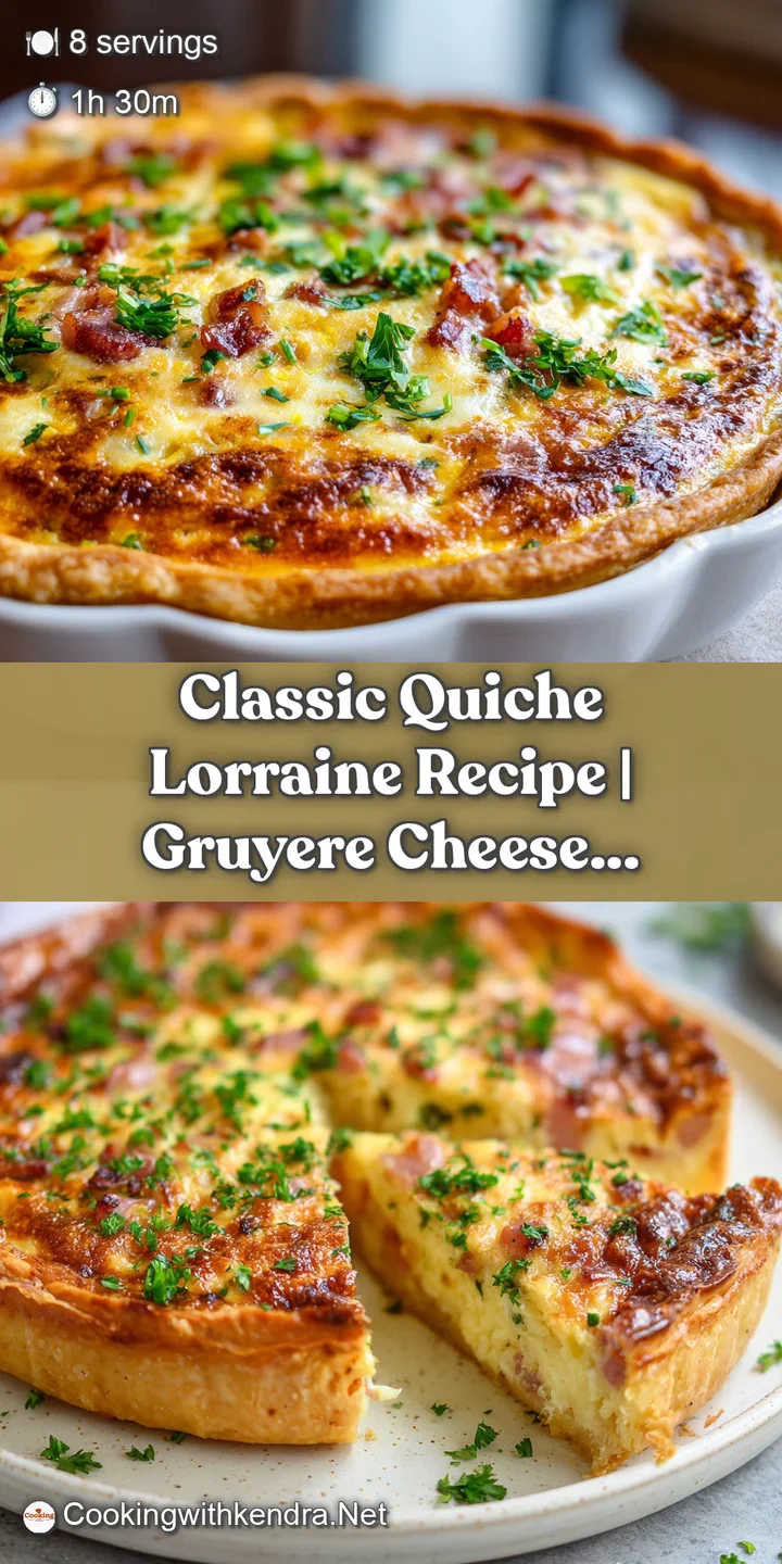 Close-up shot of a rich quiche Lorraine; visible bacon and cheese, showcasing the creamy texture and golden baked top.