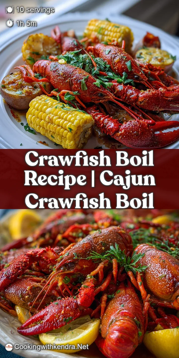 Close-up of vibrant red crawfish glistening with spices, a juicy sausage slice, and a bright yellow lemon wedge.