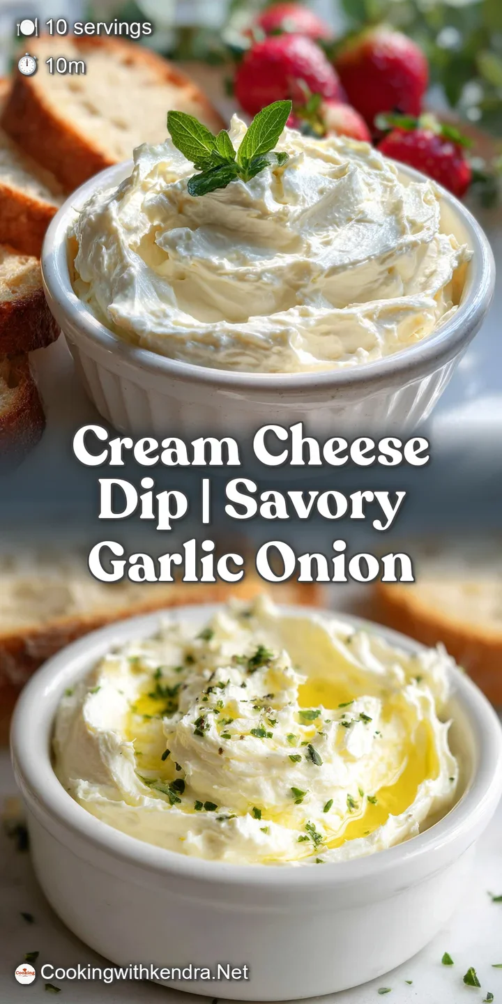 A tempting close-up of velvety cream cheese dip with golden onion strands. Swirls and peaks invite dipping with sliced bag...