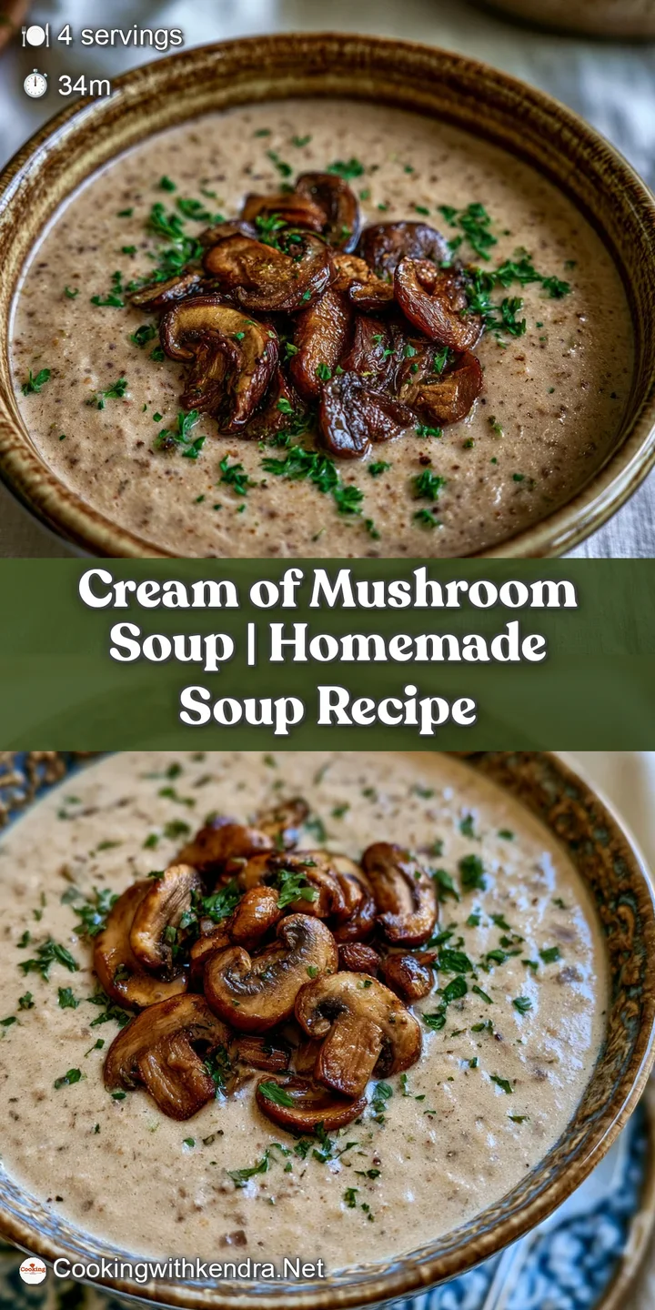 Close-up of rich, velvety beige soup with golden-brown mushroom slices and a swirl of glistening white cream.