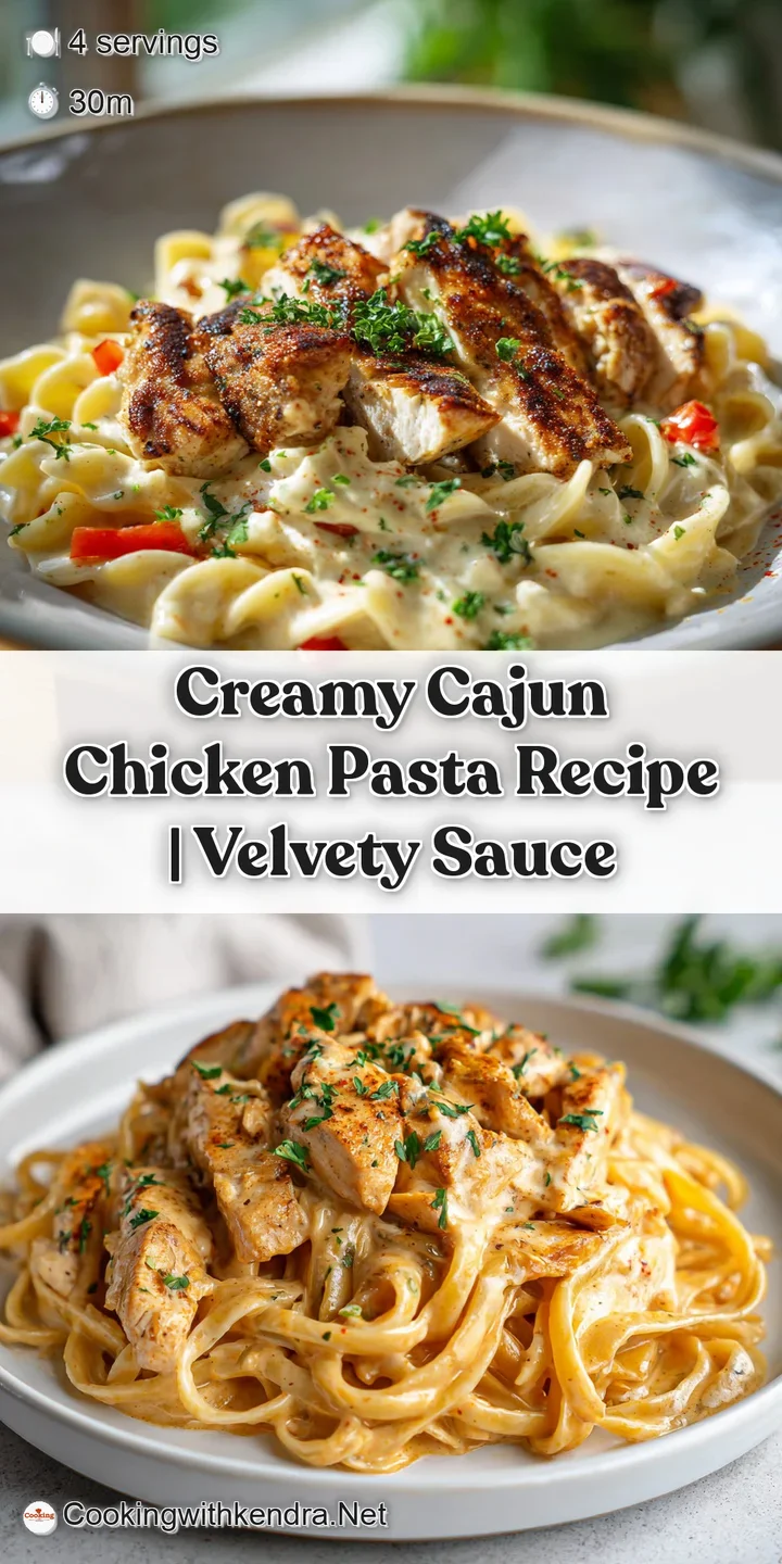 Close-up of Cajun chicken pasta: tender chicken, al dente noodles coated in creamy sauce with vivid specks of herbs and sp...