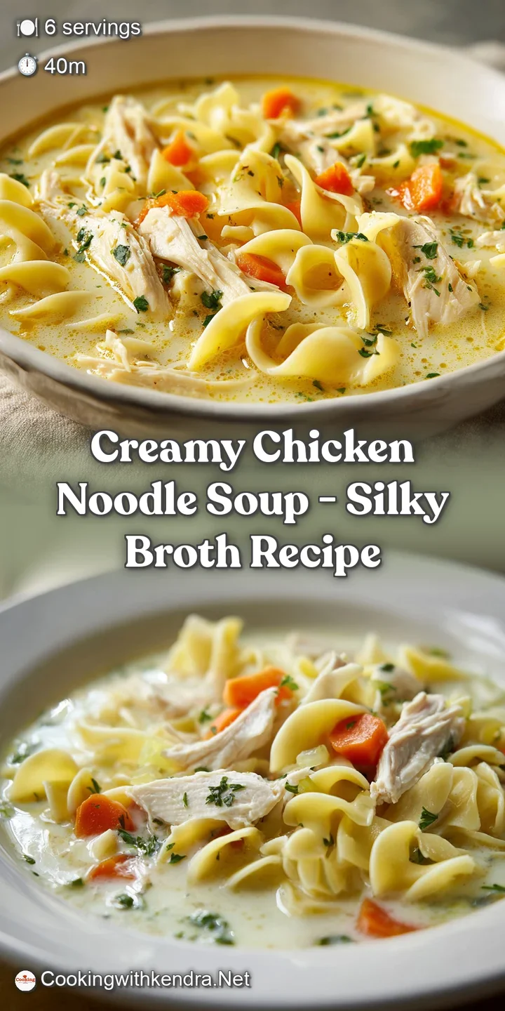 Close-up of thick, steaming chicken noodle soup showcasing tender chicken pieces, plump noodles, and vibrant green herbs.