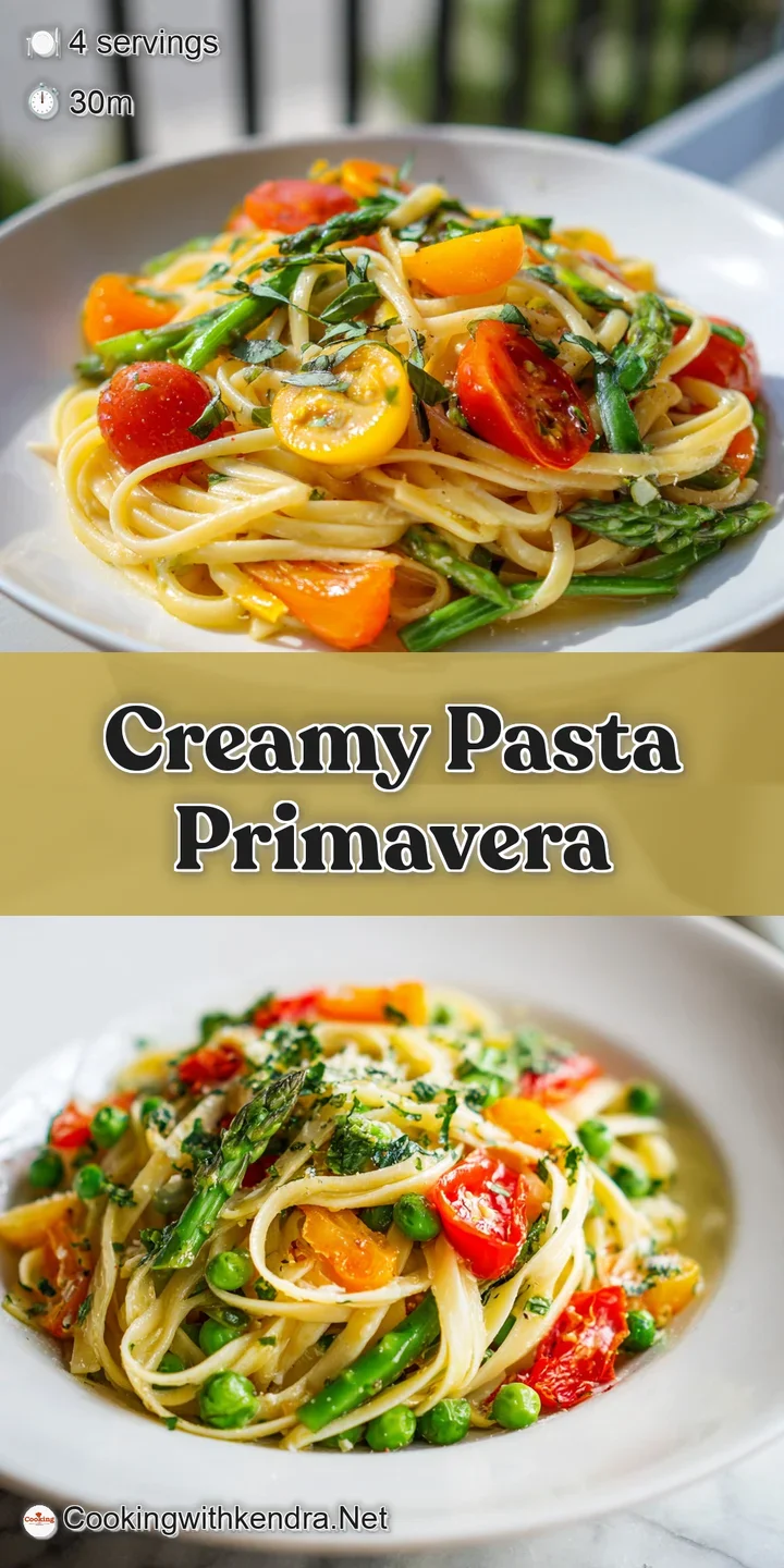 Close-up of pasta primavera: al dente noodles coated in luscious, light sauce, studded with colorful bits of fresh spring ...