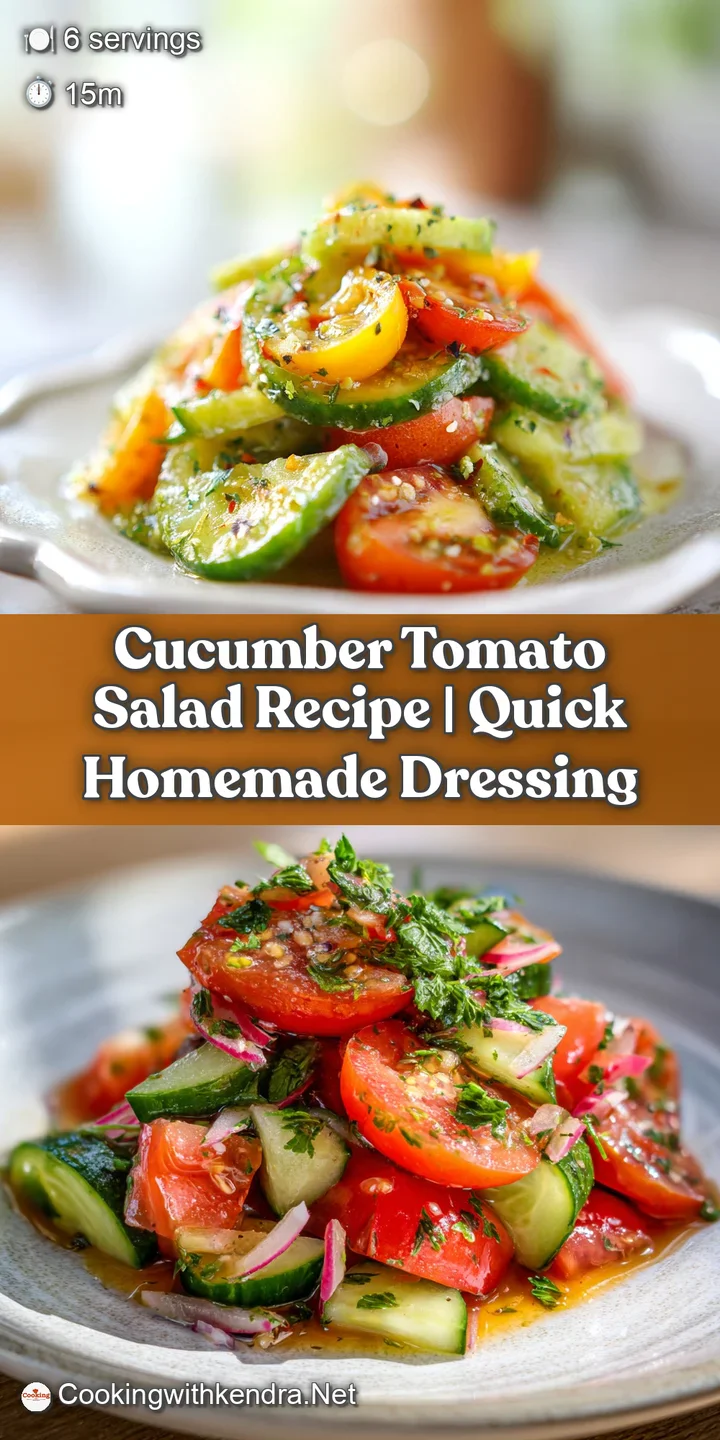 Close-up of a refreshing cucumber tomato salad, showing juicy tomato slices, cool cucumber, salty feta, and a glistening d...