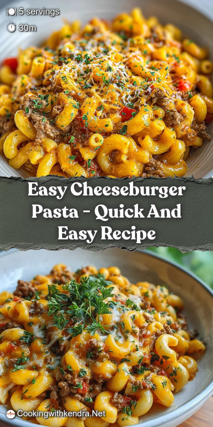 Close-up of cheesy pasta with browned ground beef and melted cheddar. The dish is rich, creamy, and speckled with diced to...