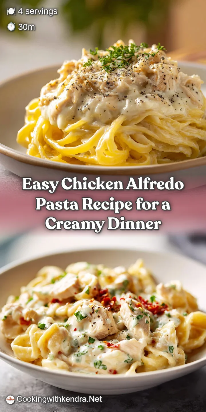 Close-up view of creamy, rich Alfredo sauce clinging to pasta and tender chicken pieces, enticing and flavorful, sprinkled...