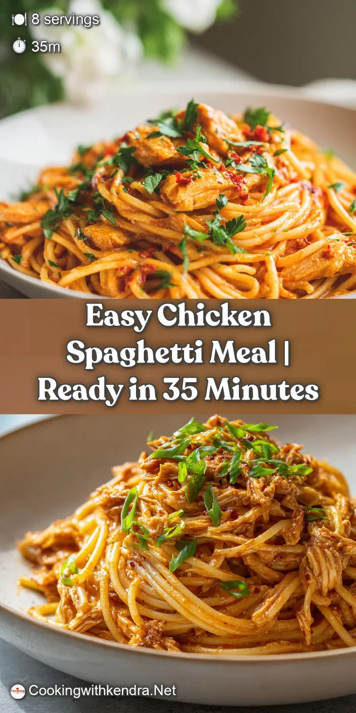 Close-up of creamy chicken spaghetti: strands of pasta coated in a rich, cheese sauce with tender pieces of chicken and co...