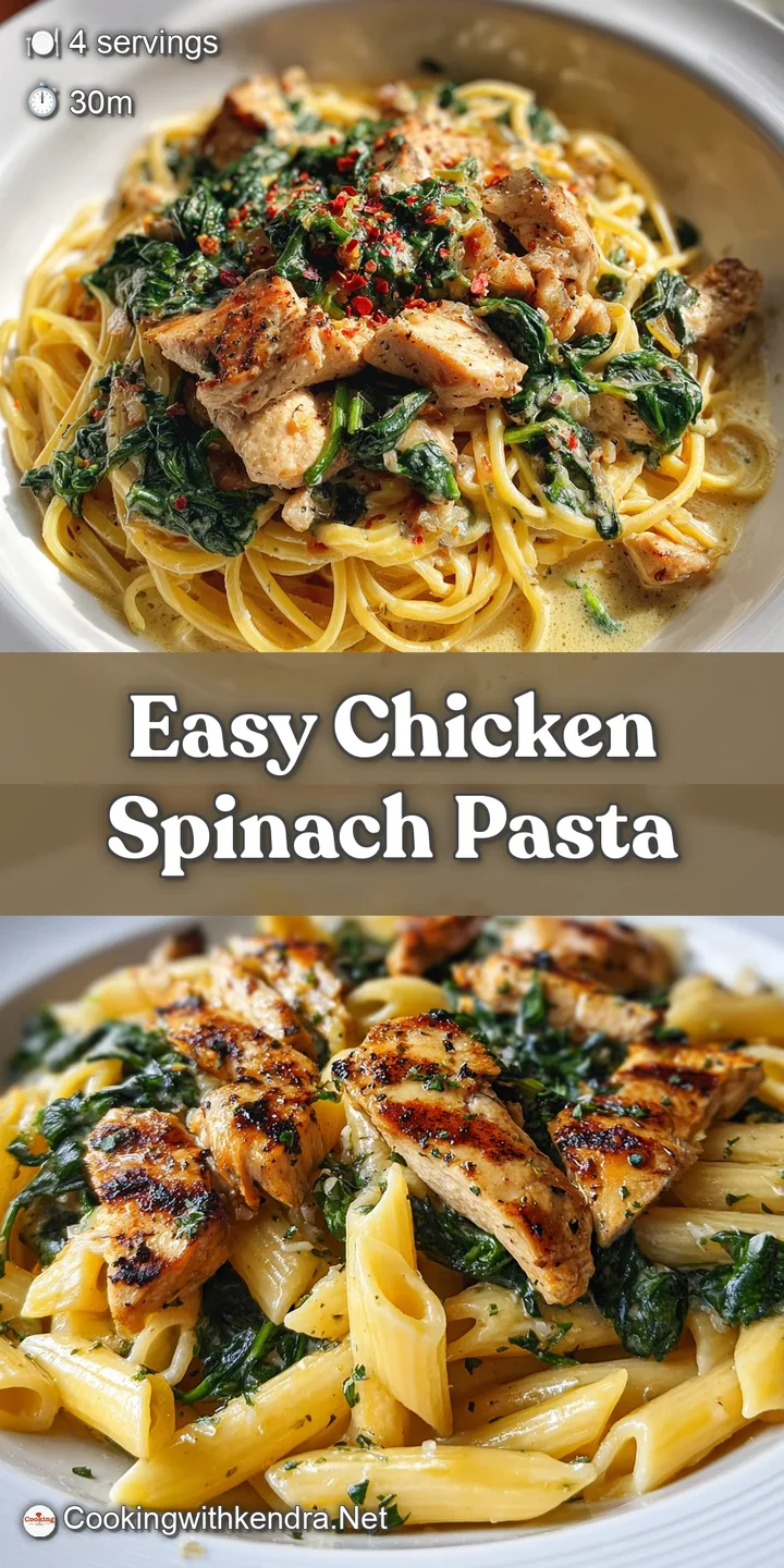 Close-up of glistening pasta tossed with vibrant green spinach and juicy chicken pieces, coated in a rich, creamy sauce.
