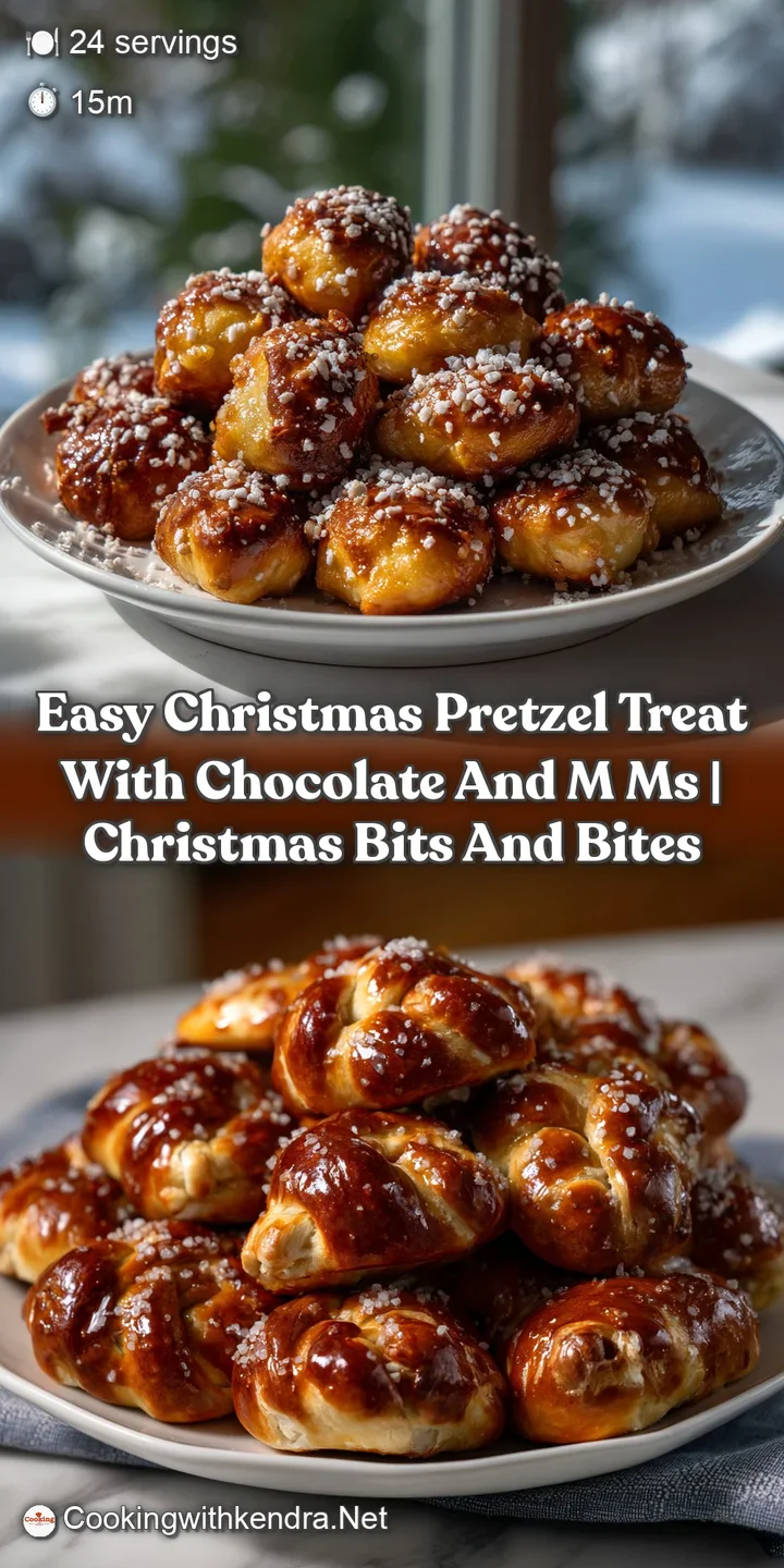 Close-up of a pretzel treat, showing a rich chocolate coating, a velvety center, and a scattering of colorful M&Ms, creati...