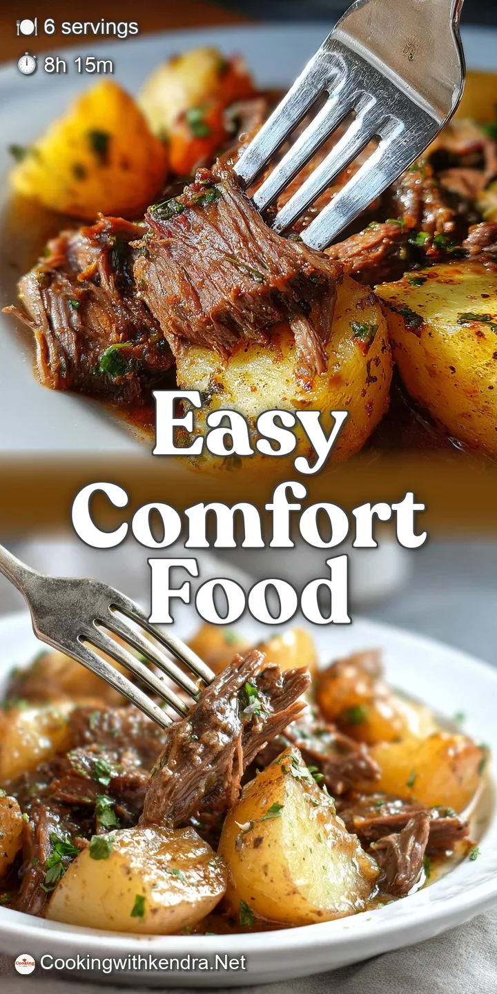 Close-up of slow-cooked beef and potatoes. Gravy glistening, potatoes looking soft and melt-in-your-mouth tender. Comfort ...